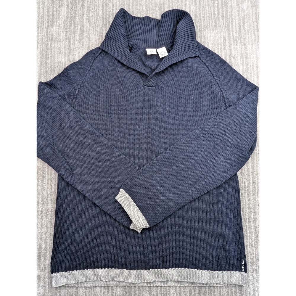 VTG Armani Exchange Sweater Mens Large Navy Blue White 90s Shawl Collar Pullover